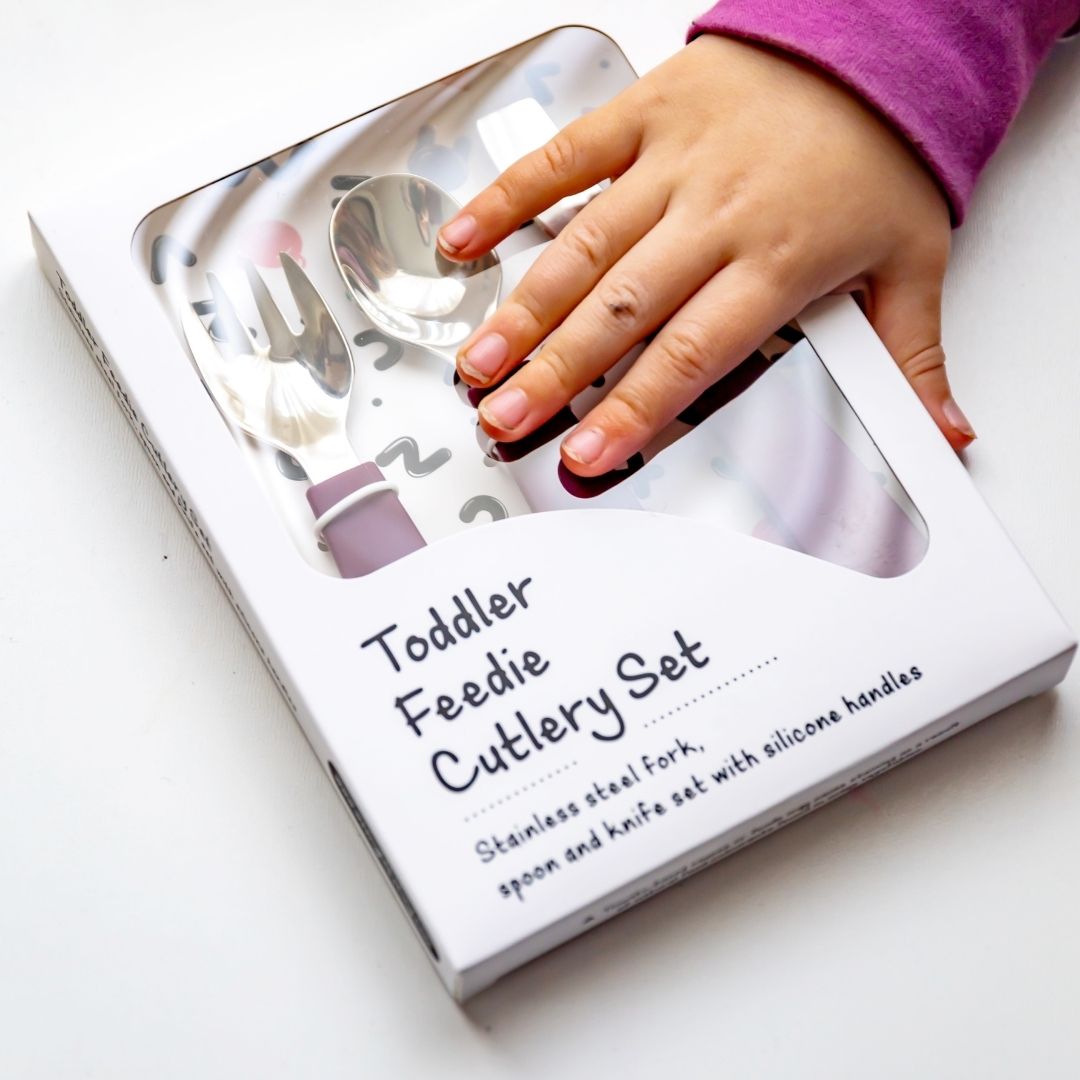 toddler cutlery set plum packaged