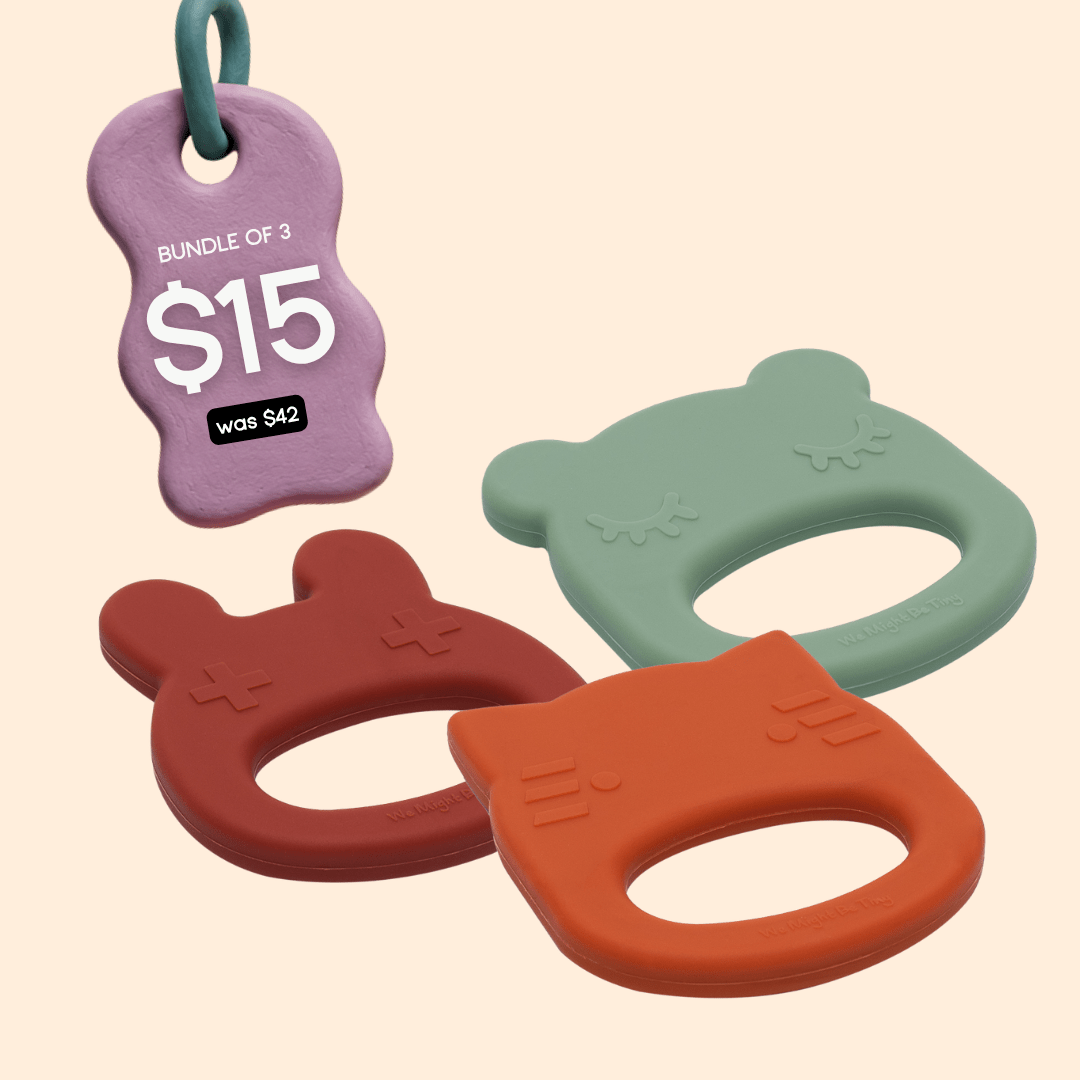 Bundle of 3 Teethers (Rust Bunny, Sage Bear & Burnt Orange Cat)