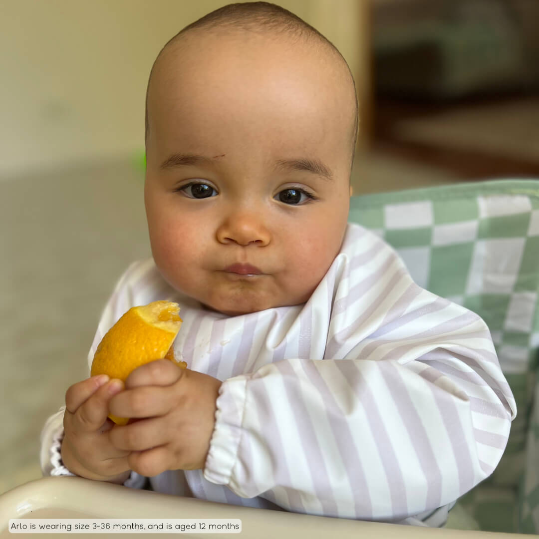Messie Smock Bib – Lilac Stripe (Baby & Toddler)