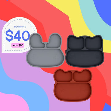Bundle of 3 Stickie® Plates – Rust Bear, Grey Bunny & Charcoal Cat