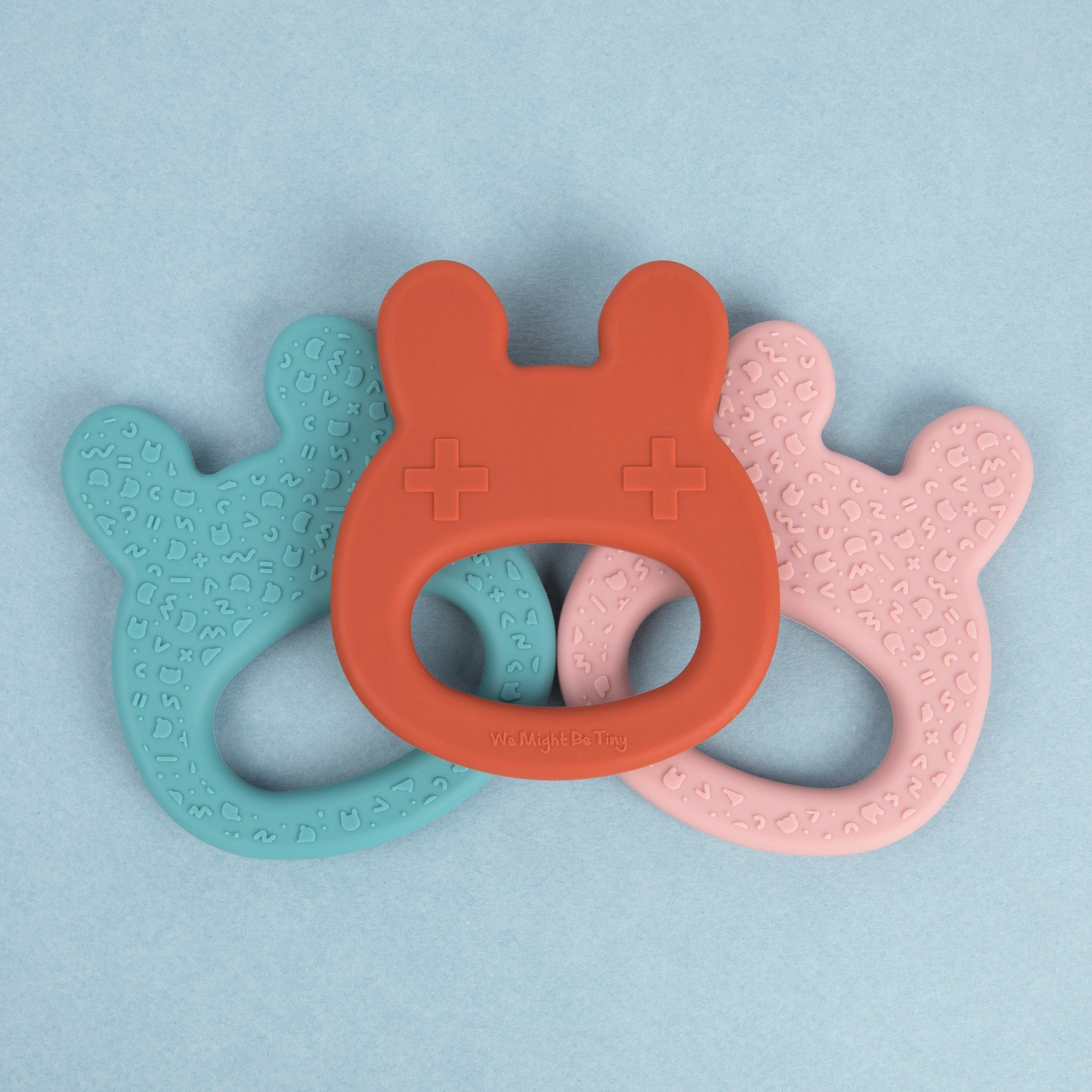 Our silicone bunny teething ring in Dusty Rose