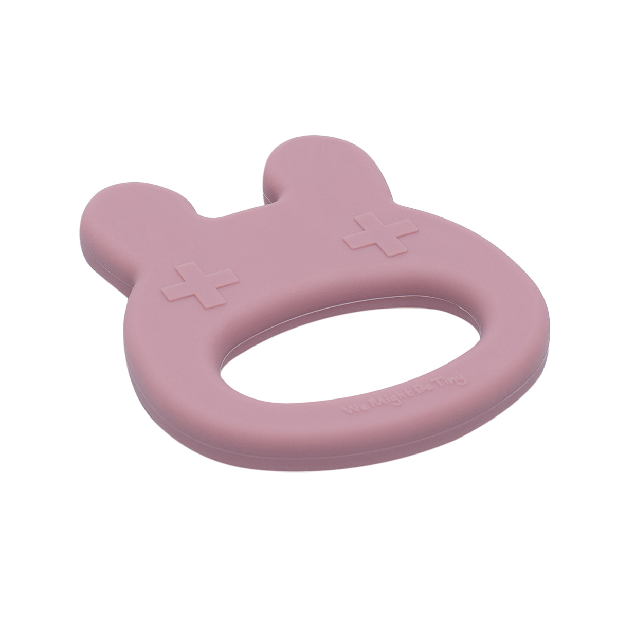 Our silicone bunny teething ring in Dusty Rose