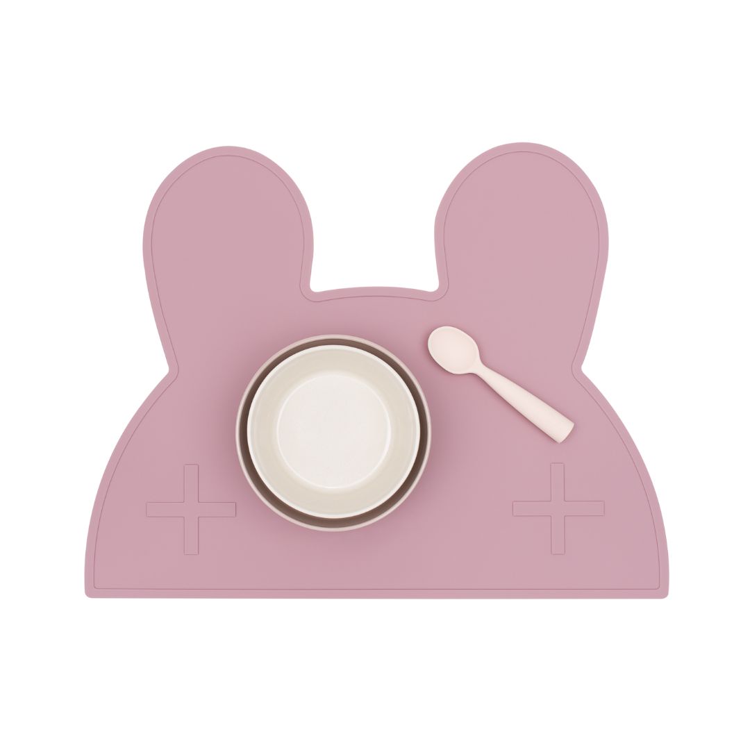 Silicone bunny kids placemat in the shade dusty rose.