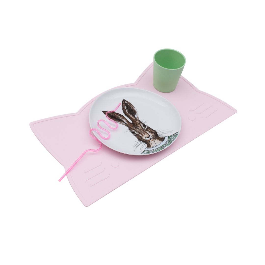 Silicone cat kids placemat in the shade powder pink.